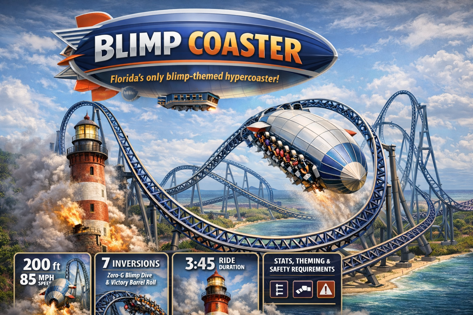 The Blimp Coaster - 200-foot steel hypercoaster with blimp-themed cars